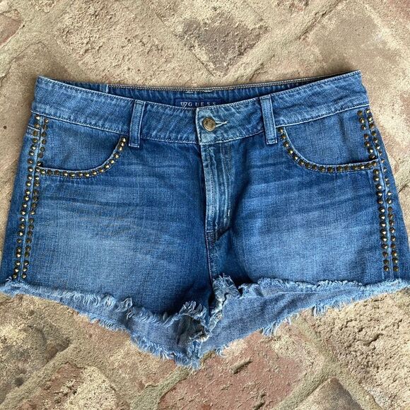 Guess Denim Raw Hem Embellished High Rise Jean Shorts Size 30 - Picture 1 of 11